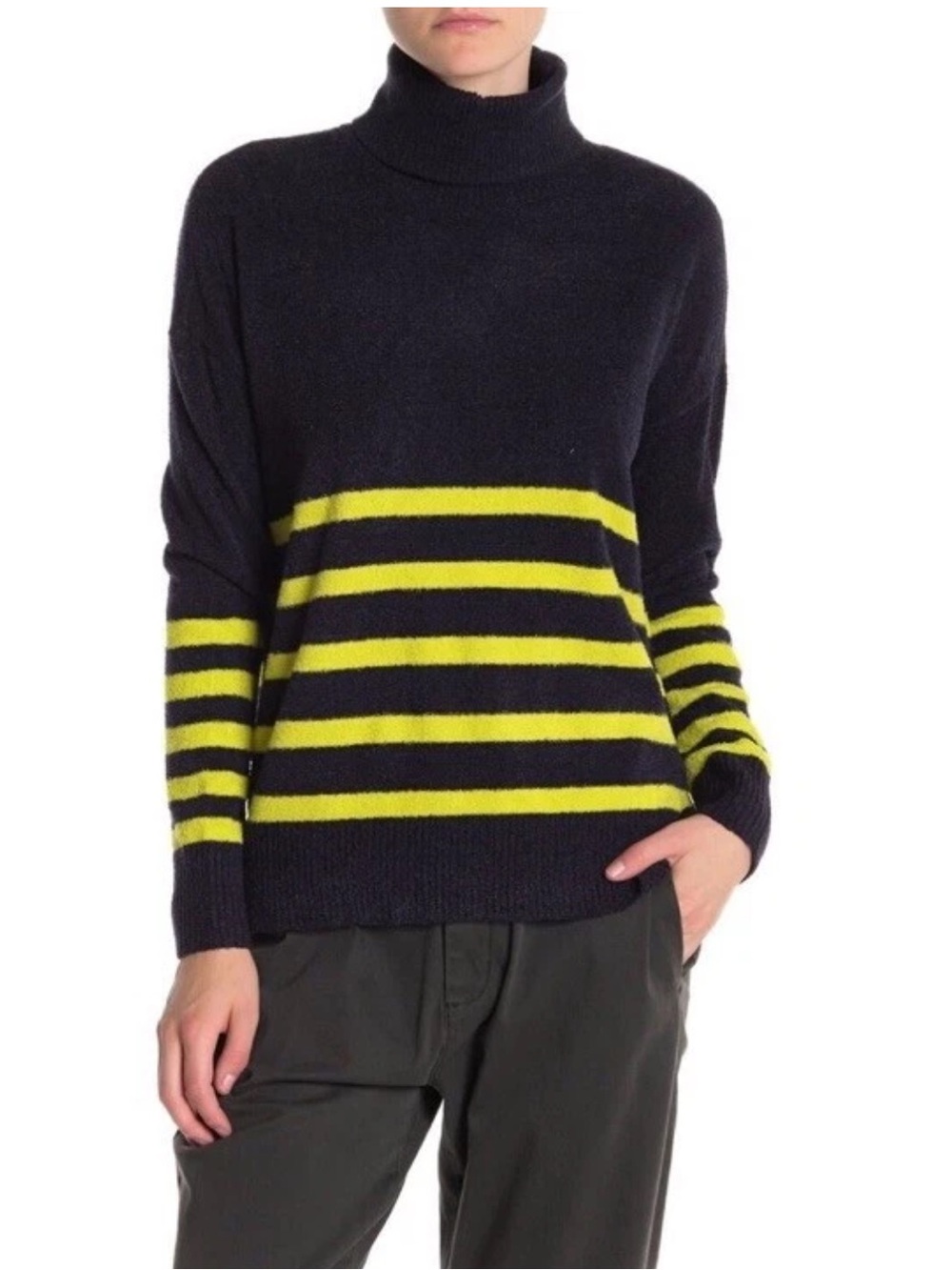 Vince Camuto Navy Lime Striped Turtleneck Sweater Size S